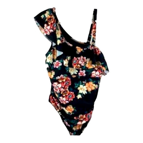 Boutique Black Floral Top One Shoulder Ruffle One Piece Swimsuit Plus 3X NWOT - Picture 1 of 16